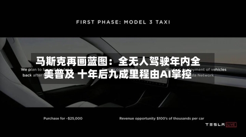 马斯克再画蓝图:全无人驾驶年内全美普及 十年后九成里程由AI掌控