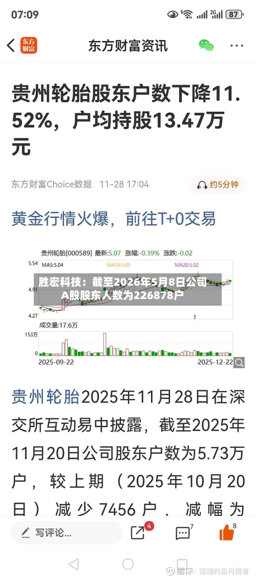 胜宏科技：截至2026年5月8日公司A股股东人数为226878户